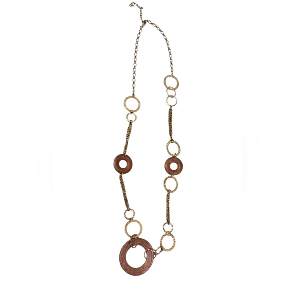 #631 Boho Long Mixed-Metal Chain Long Necklace with Wood Circle Accents‎